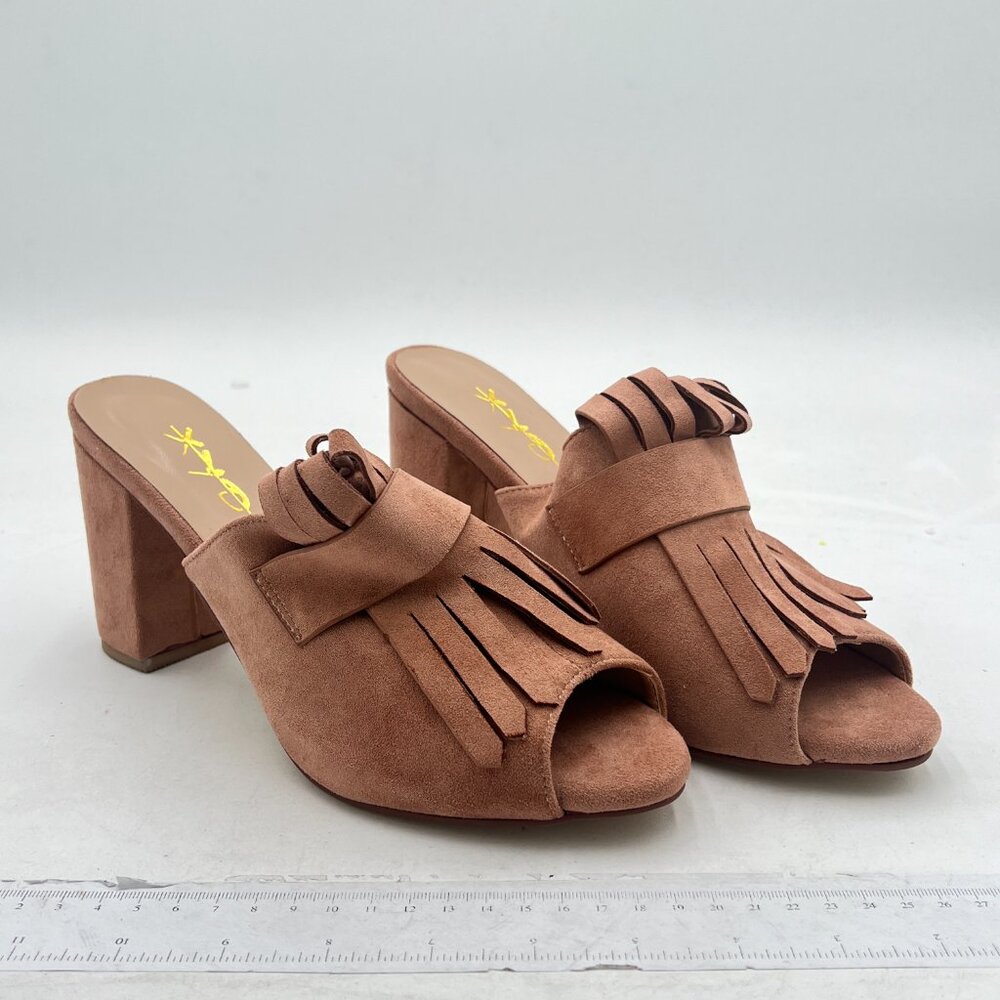 XYD Tan Open Toe Mules with Fringe High Chunky Heels Summer Slides Sandal - Picture 4 of 8